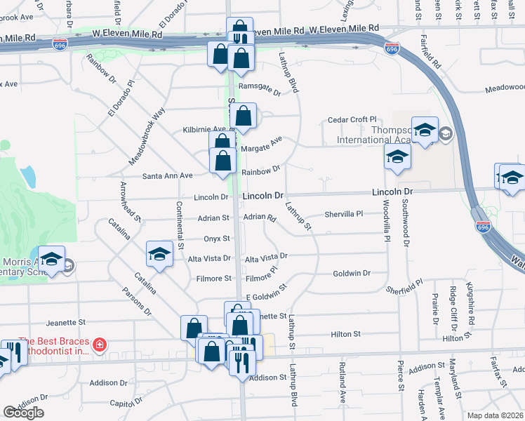 map of restaurants, bars, coffee shops, grocery stores, and more near 17700 Adrian Road in Southfield