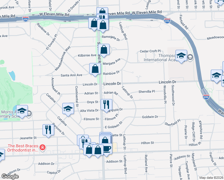map of restaurants, bars, coffee shops, grocery stores, and more near 17700 Adrian Road in Southfield