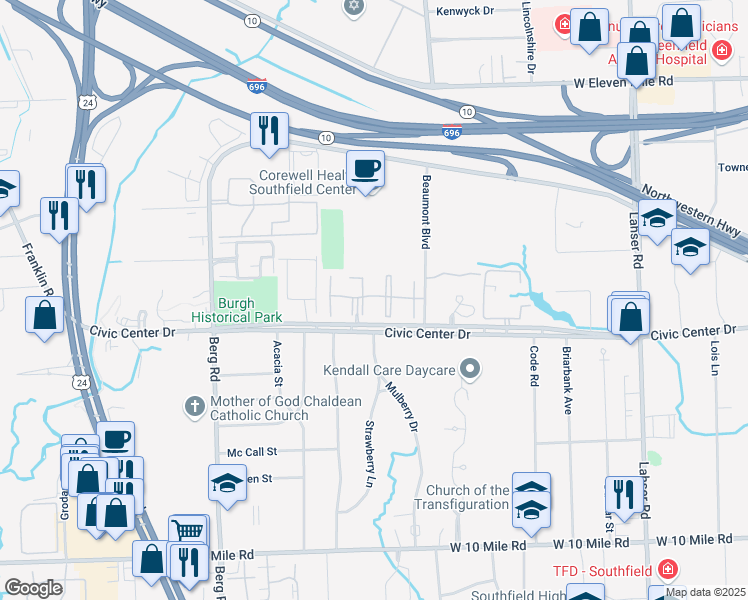 map of restaurants, bars, coffee shops, grocery stores, and more near 23173 Park Place Drive in Southfield