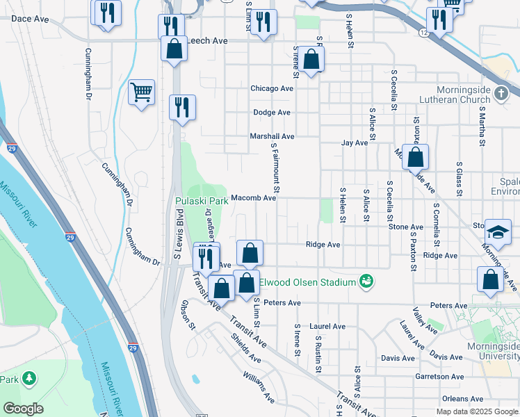 map of restaurants, bars, coffee shops, grocery stores, and more near 1112 South Linn Street in Sioux City