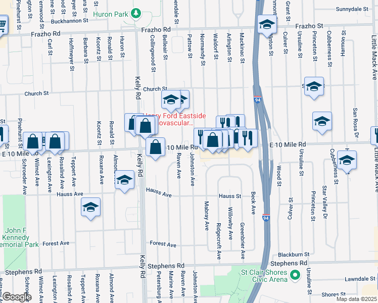 map of restaurants, bars, coffee shops, grocery stores, and more near 24995 Johnston Avenue in Eastpointe