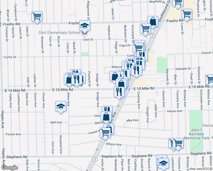 map of restaurants, bars, coffee shops, grocery stores, and more near 16461 East 10 Mile Road in Eastpointe