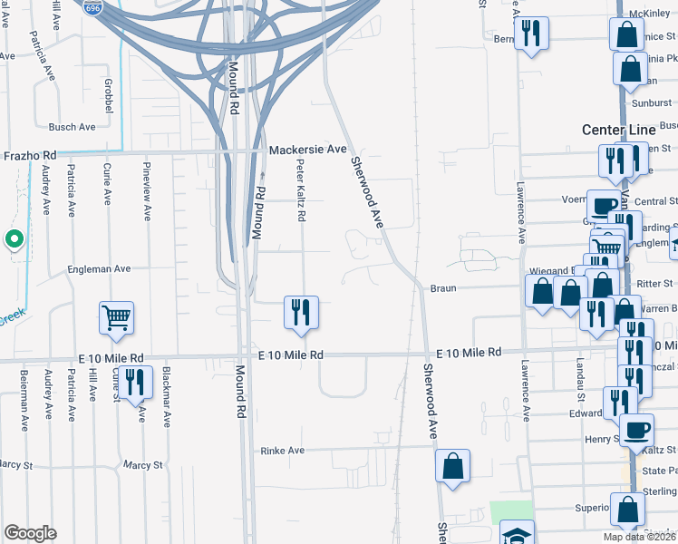 map of restaurants, bars, coffee shops, grocery stores, and more near 25427 Sherwood Avenue in Warren