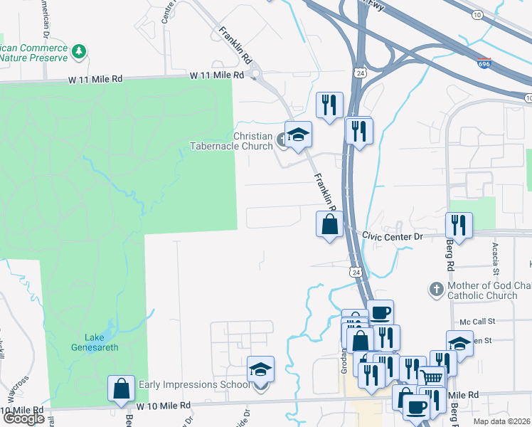 map of restaurants, bars, coffee shops, grocery stores, and more near 25305 Kildare Street in Southfield