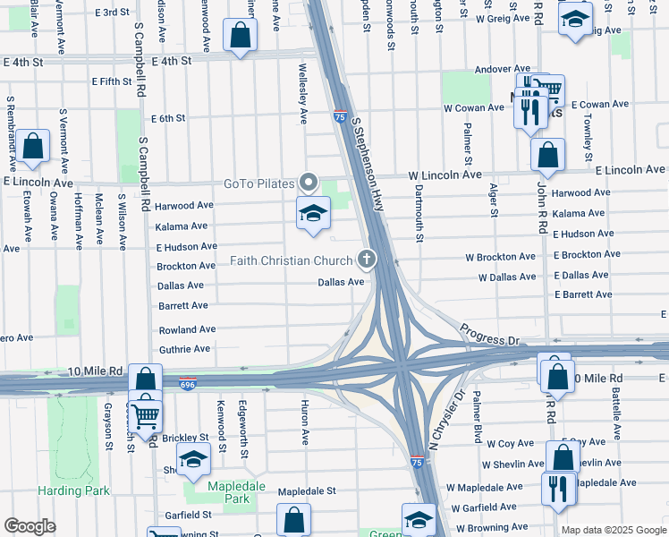 map of restaurants, bars, coffee shops, grocery stores, and more near 2440 Brockton Avenue in Royal Oak