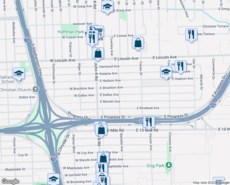 map of restaurants, bars, coffee shops, grocery stores, and more near 87 East Dallas Avenue in Madison Heights