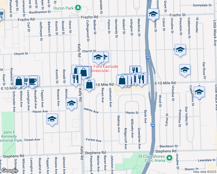 map of restaurants, bars, coffee shops, grocery stores, and more near 24995 Johnston Avenue in Eastpointe