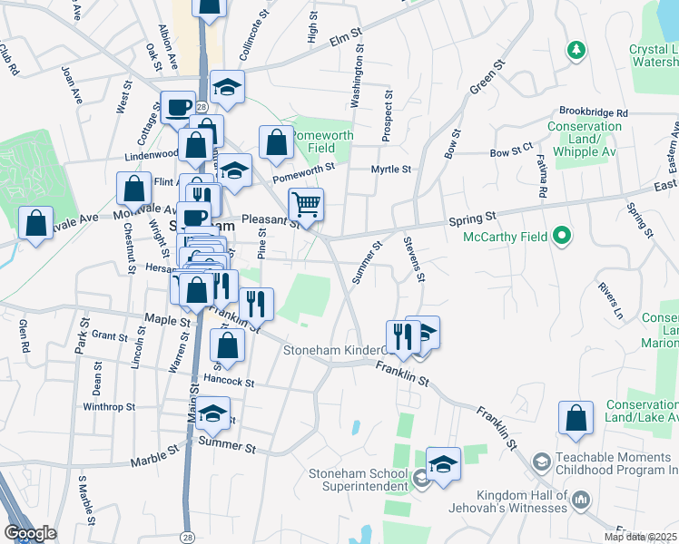 map of restaurants, bars, coffee shops, grocery stores, and more near Pleasant Street in Stoneham