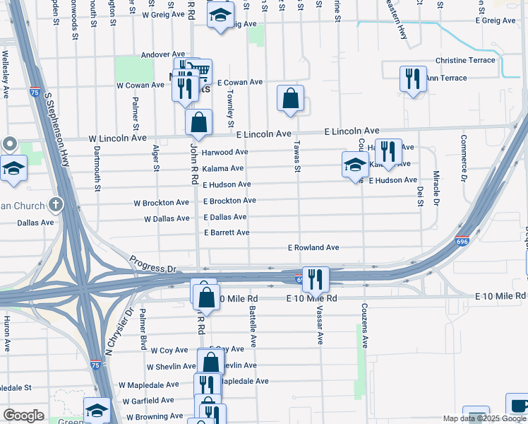 map of restaurants, bars, coffee shops, grocery stores, and more near 545 East Dallas Avenue in Madison Heights