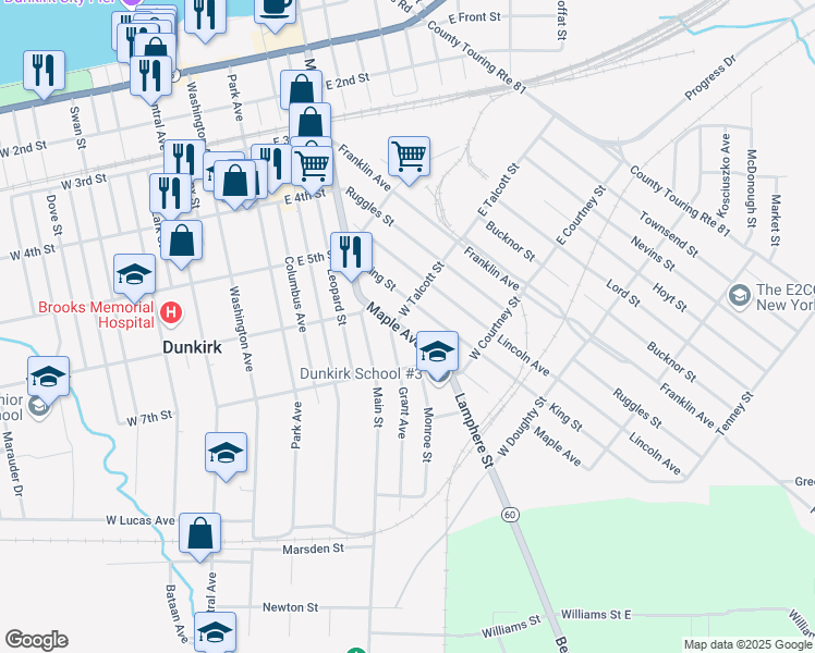 map of restaurants, bars, coffee shops, grocery stores, and more near 114 Maple Avenue in Dunkirk
