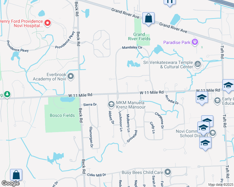 map of restaurants, bars, coffee shops, grocery stores, and more near West 11 Mile Road in Novi