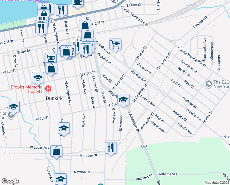 map of restaurants, bars, coffee shops, grocery stores, and more near 114 Maple Avenue in Dunkirk