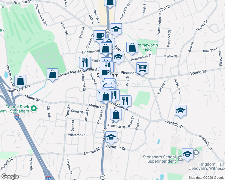 map of restaurants, bars, coffee shops, grocery stores, and more near 32 Franklin Street in Stoneham
