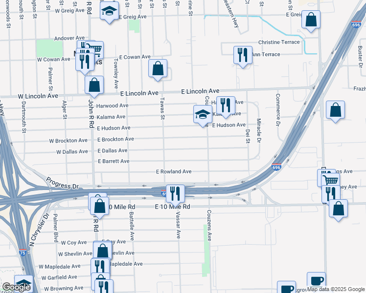 map of restaurants, bars, coffee shops, grocery stores, and more near 885 East Dallas Avenue in Madison Heights