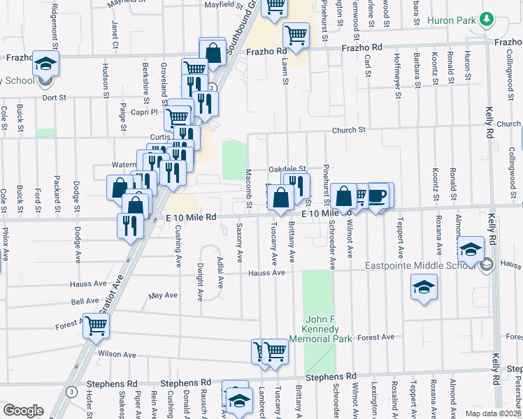 map of restaurants, bars, coffee shops, grocery stores, and more near 17563 East 10 Mile Road in Roseville