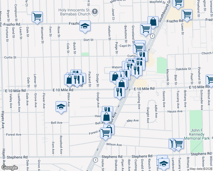 map of restaurants, bars, coffee shops, grocery stores, and more near 16461 East 10 Mile Road in Eastpointe