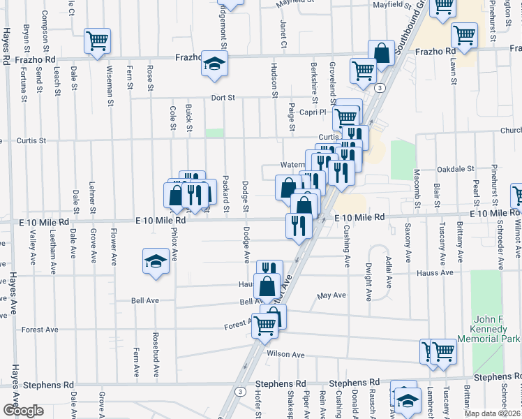 map of restaurants, bars, coffee shops, grocery stores, and more near 16461 East 10 Mile Road in Eastpointe