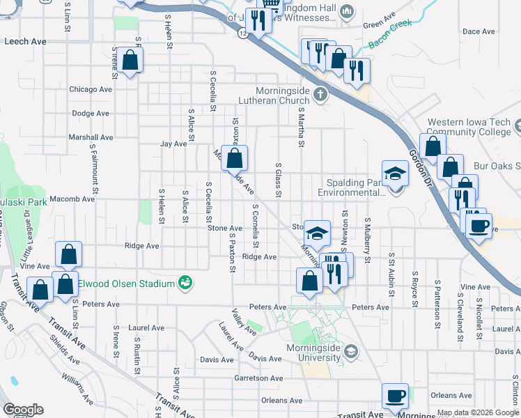 map of restaurants, bars, coffee shops, grocery stores, and more near 1101-1199 S Cornelia St in Sioux City