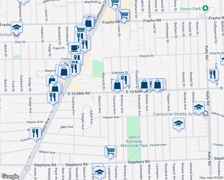 map of restaurants, bars, coffee shops, grocery stores, and more near 17563 East 10 Mile Road in Roseville