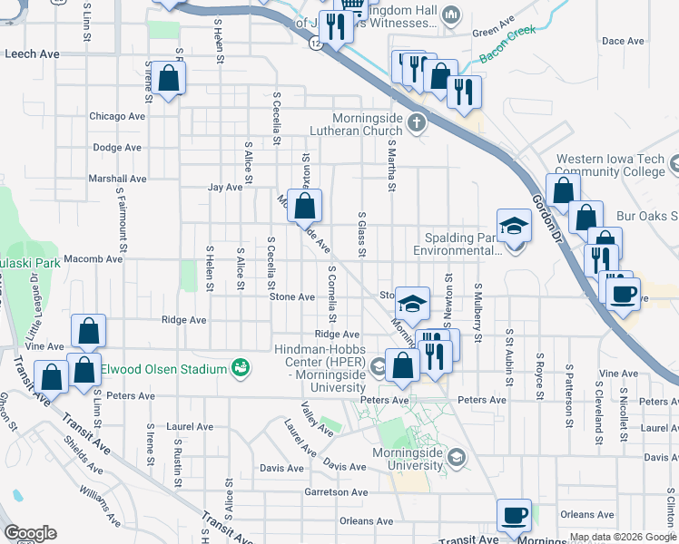 map of restaurants, bars, coffee shops, grocery stores, and more near 1101-1199 S Cornelia St in Sioux City
