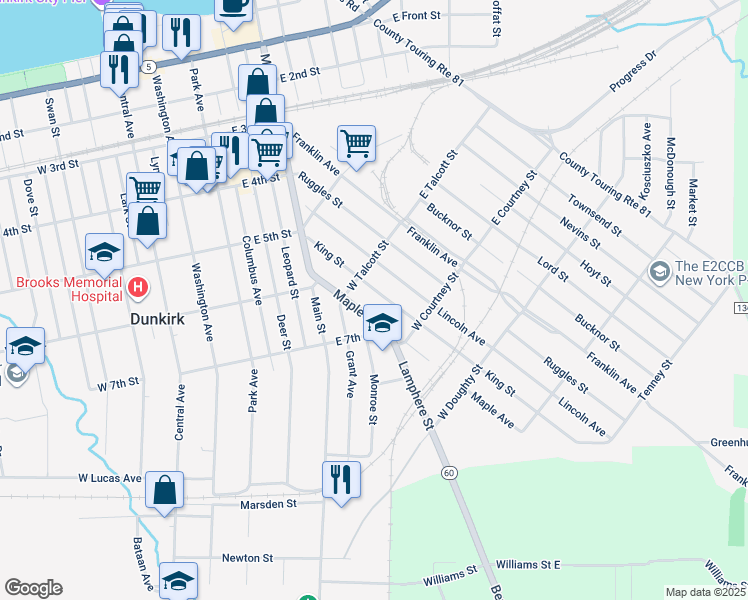 map of restaurants, bars, coffee shops, grocery stores, and more near 131 King Street in Dunkirk