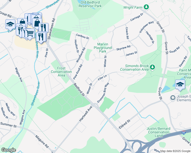 map of restaurants, bars, coffee shops, grocery stores, and more near 44 Winter Street in Lexington