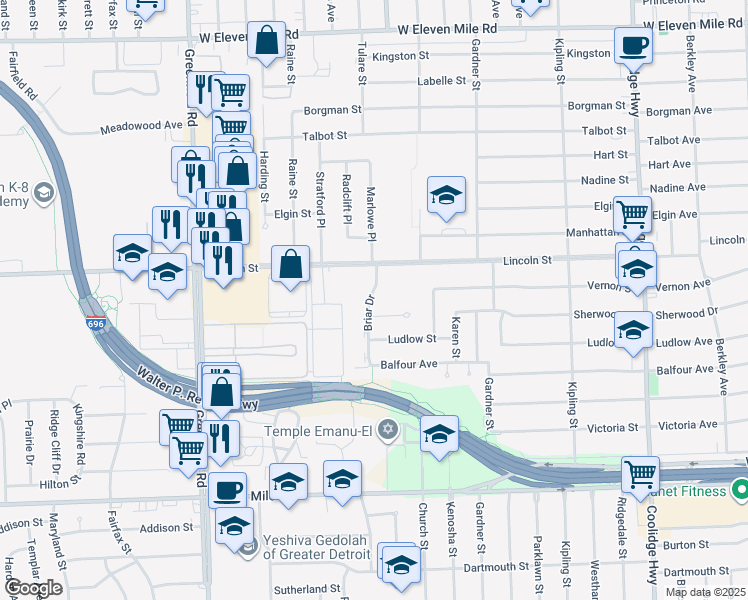 map of restaurants, bars, coffee shops, grocery stores, and more near 25600 Briar Drive in Oak Park
