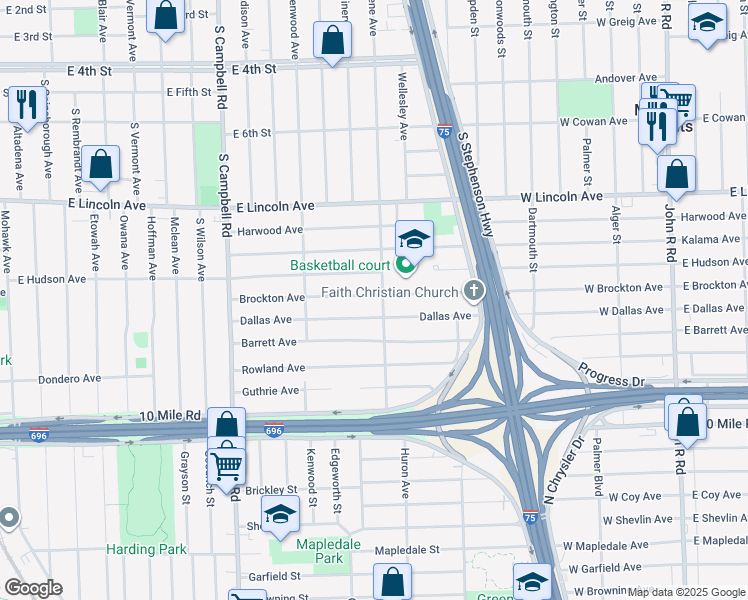 map of restaurants, bars, coffee shops, grocery stores, and more near 2220 Brockton Avenue in Royal Oak