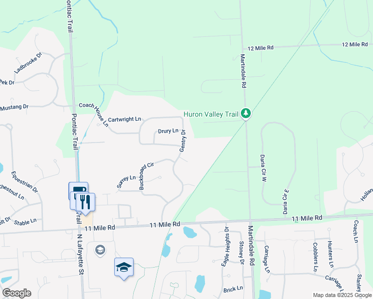 map of restaurants, bars, coffee shops, grocery stores, and more near 1104 Gentry Drive in South Lyon