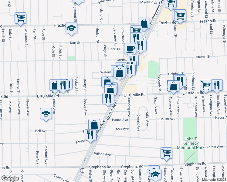 map of restaurants, bars, coffee shops, grocery stores, and more near 16583 East 10 Mile Road in Eastpointe