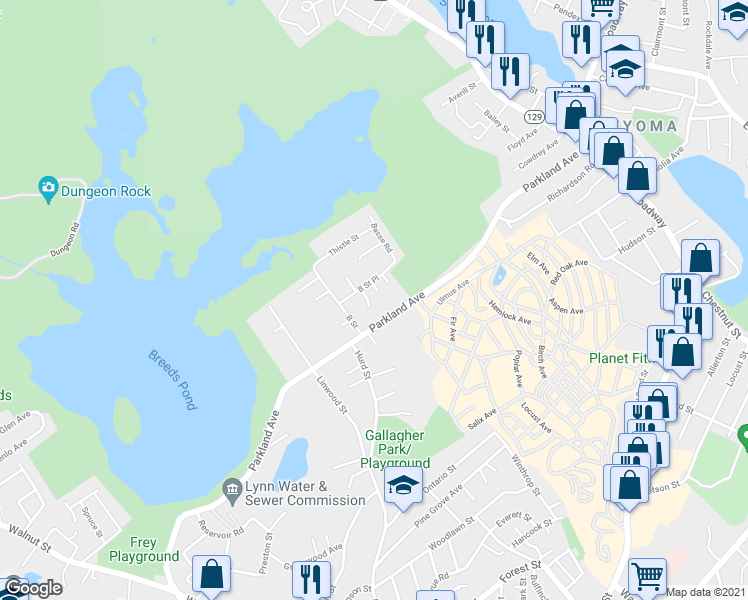 map of restaurants, bars, coffee shops, grocery stores, and more near 10 Alan Rd in Lynn