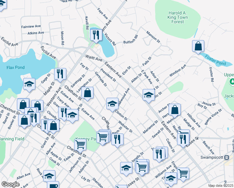 map of restaurants, bars, coffee shops, grocery stores, and more near 13 Milton Street in Lynn