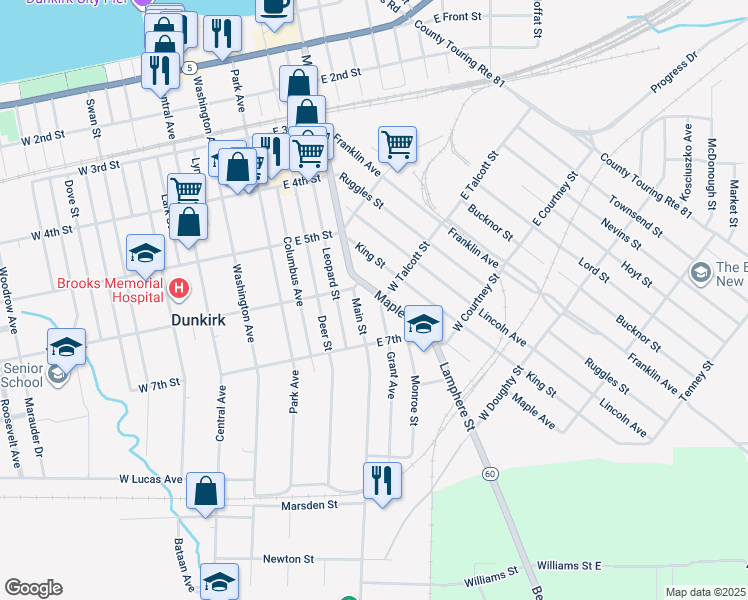 map of restaurants, bars, coffee shops, grocery stores, and more near 621 Grant Avenue in Dunkirk
