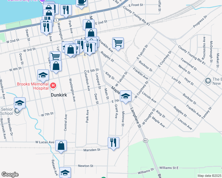 map of restaurants, bars, coffee shops, grocery stores, and more near 621 Grant Avenue in Dunkirk