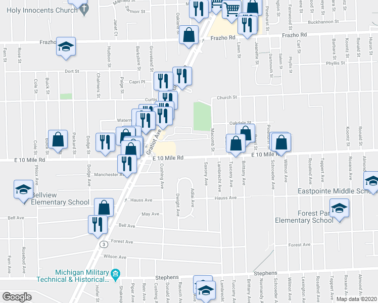 map of restaurants, bars, coffee shops, grocery stores, and more near 17157 East 10 Mile Road in Eastpointe