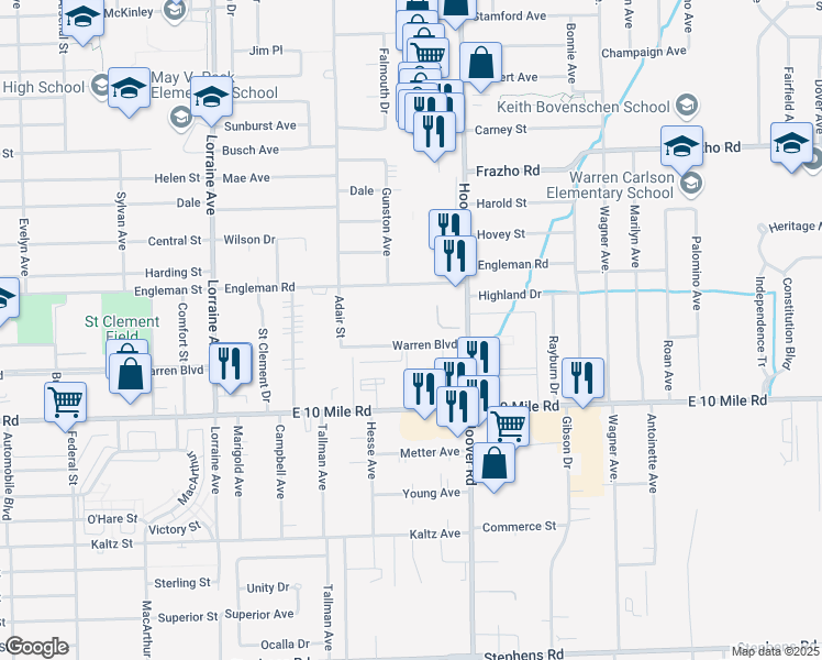 map of restaurants, bars, coffee shops, grocery stores, and more near 11451 Warren Boulevard in Warren