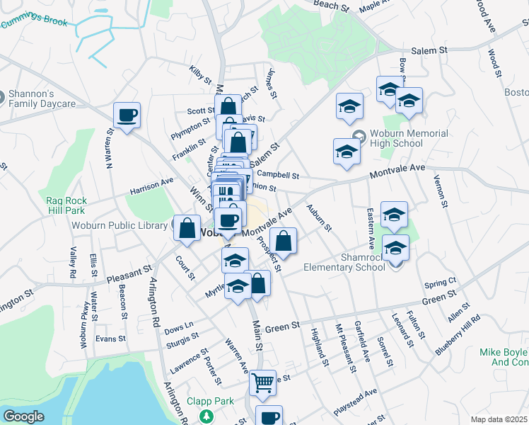 map of restaurants, bars, coffee shops, grocery stores, and more near 42 Walnut Street in Woburn