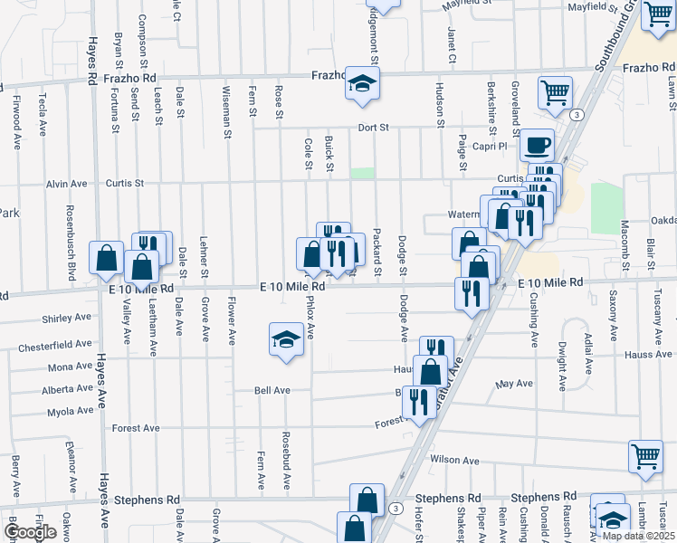 map of restaurants, bars, coffee shops, grocery stores, and more near 16113 East 10 Mile Road in Eastpointe