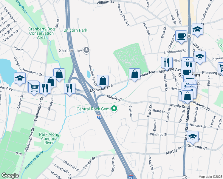 map of restaurants, bars, coffee shops, grocery stores, and more near 90 Montvale Avenue in Stoneham