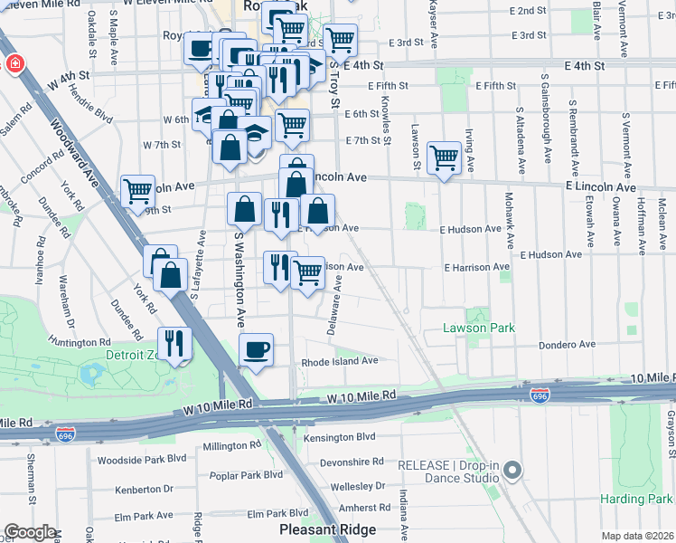 map of restaurants, bars, coffee shops, grocery stores, and more near 1111 Delaware Avenue in Royal Oak