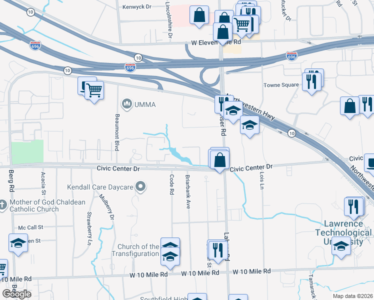 map of restaurants, bars, coffee shops, grocery stores, and more near 22266 Civic Center Drive in Southfield