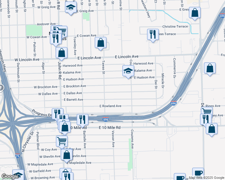 map of restaurants, bars, coffee shops, grocery stores, and more near 885 East Dallas Avenue in Madison Heights