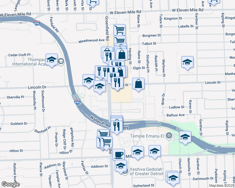 map of restaurants, bars, coffee shops, grocery stores, and more near 25900 Greenfield Road in Oak Park