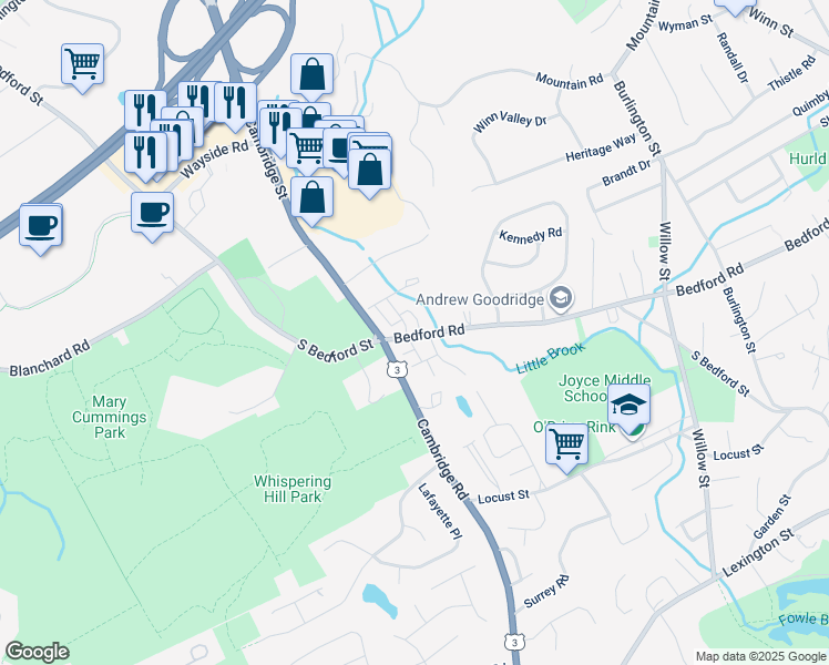map of restaurants, bars, coffee shops, grocery stores, and more near 68 Hammond Place in Woburn
