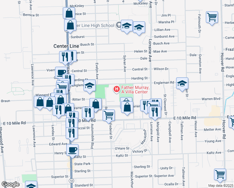 map of restaurants, bars, coffee shops, grocery stores, and more near 8444 Engleman Street in Center Line