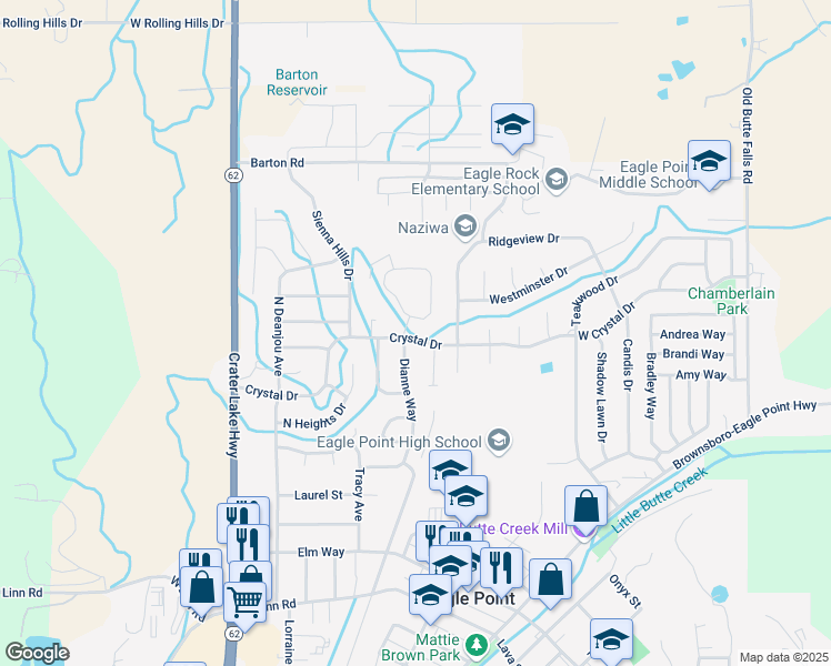 map of restaurants, bars, coffee shops, grocery stores, and more near 779 Crystal Drive in Eagle Point