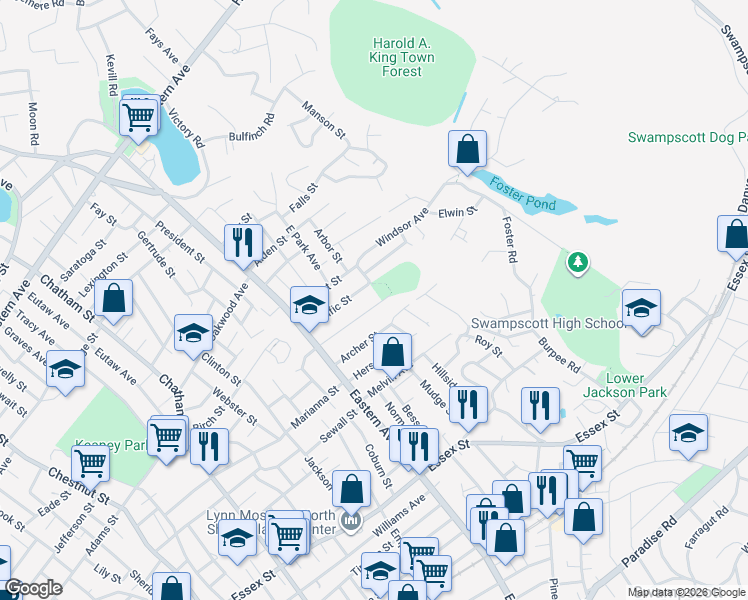 map of restaurants, bars, coffee shops, grocery stores, and more near 88 Clark Street in Lynn