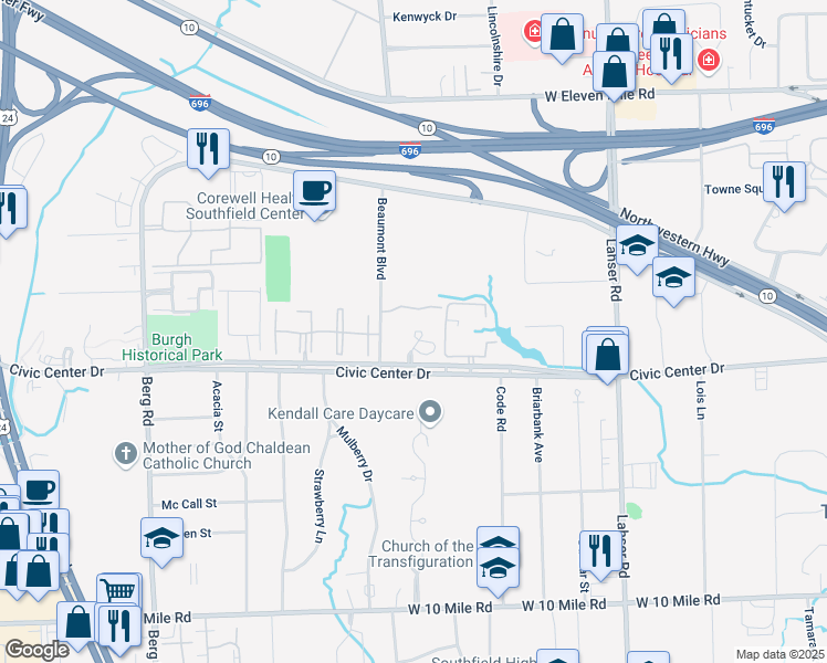 map of restaurants, bars, coffee shops, grocery stores, and more near 22800 Civic Center Drive in Southfield