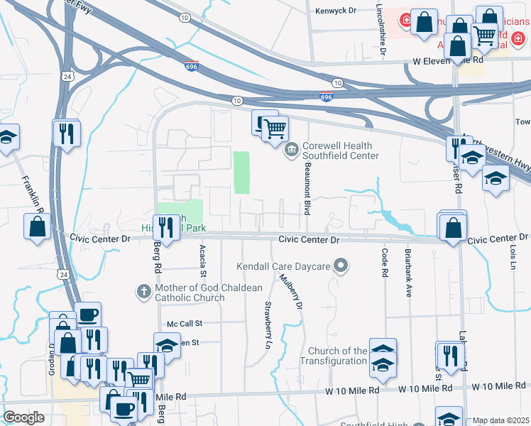 map of restaurants, bars, coffee shops, grocery stores, and more near 23173 Park Place Drive in Southfield