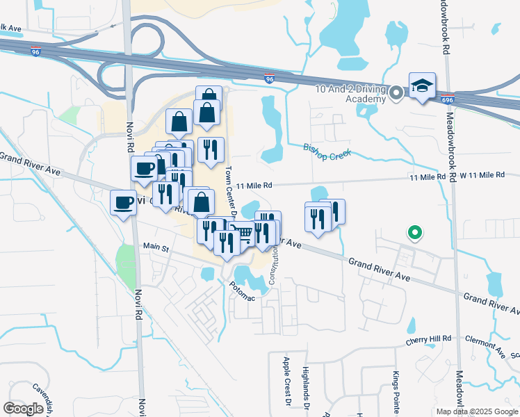map of restaurants, bars, coffee shops, grocery stores, and more near 42750 Grand River Avenue in Novi